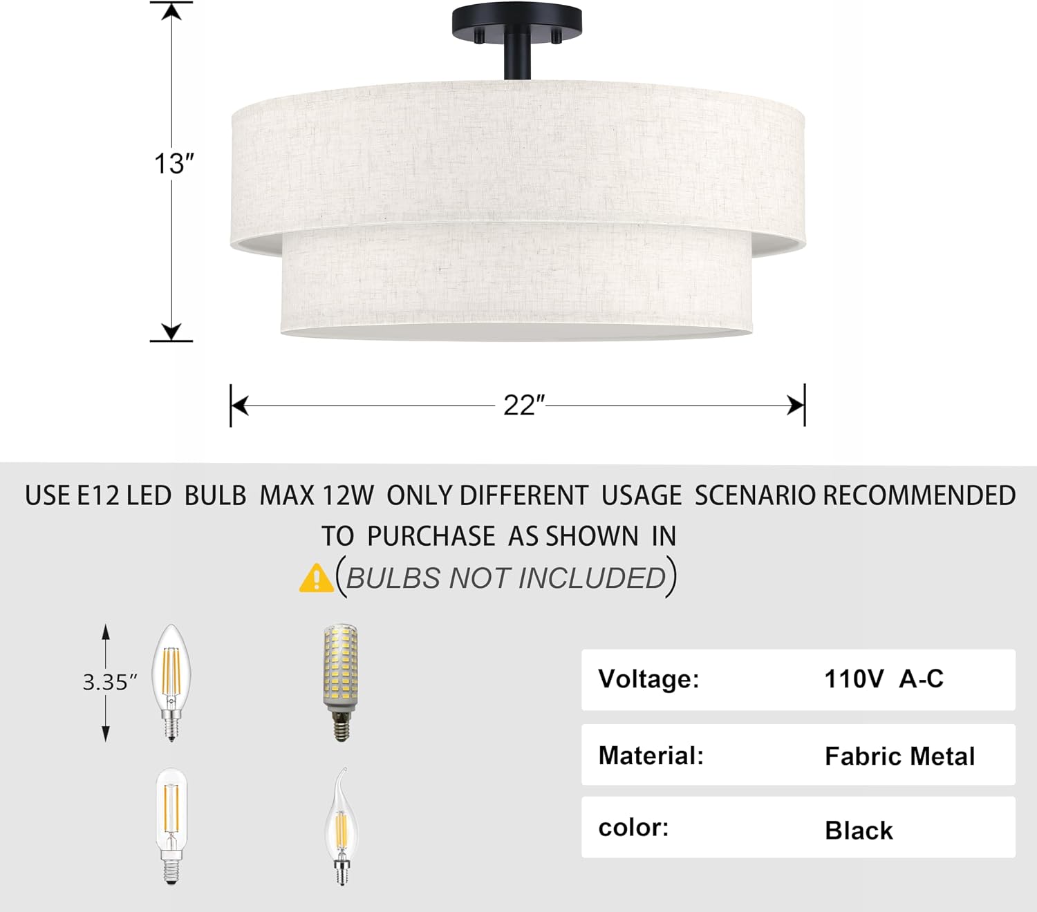 5 Light 22 inch Semi Flush Mount Light,Close to Ceiling Light Fixture,Cream Fabric Shade Black Finish for Bedroom,Living Room,Dining Room Hallway
