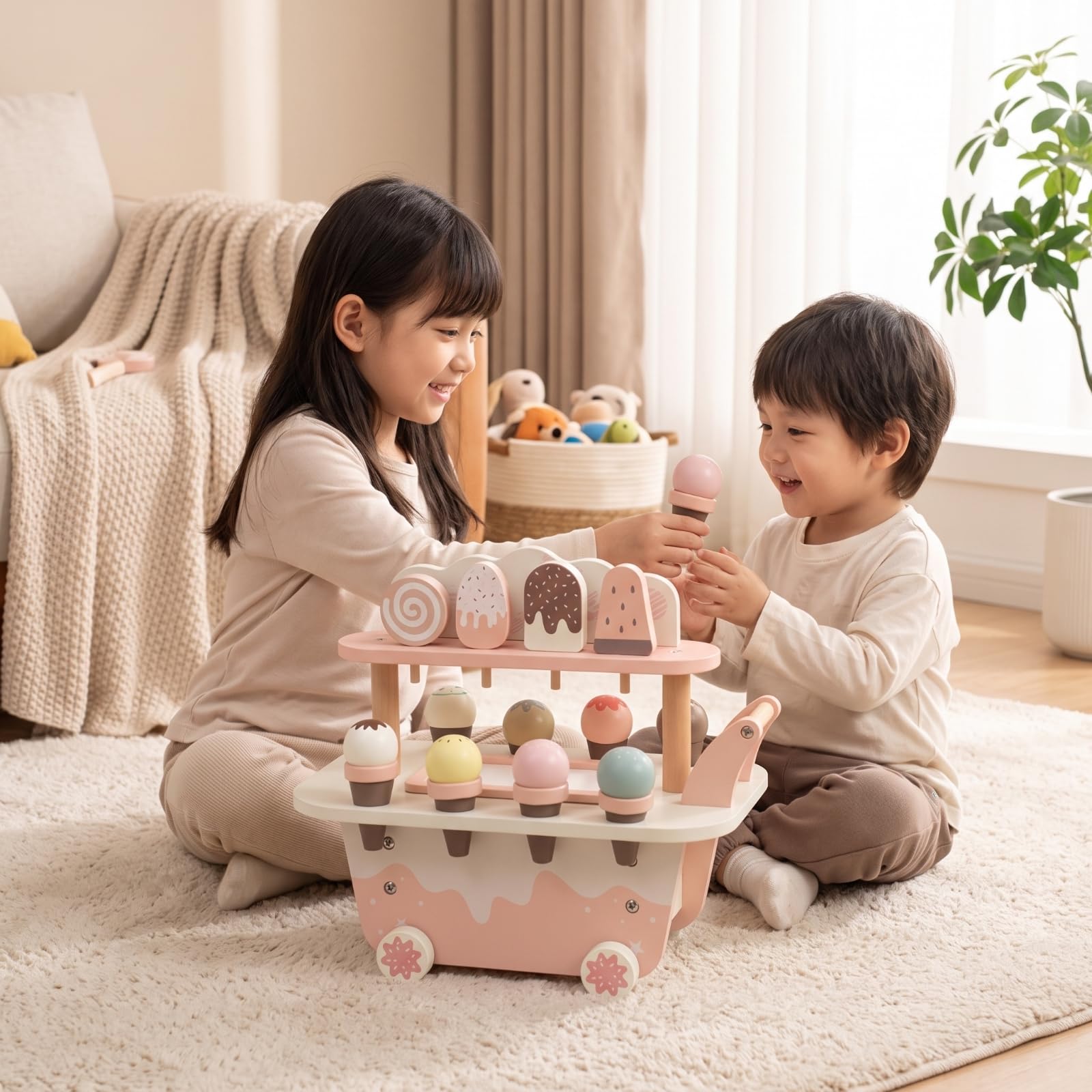 Kinder Rollenspiel Wagen Holz Dessertwagen Eisdiele Spielzeug Verkaufswagen Marktstand mit Spielgeld Und EIS Zubehör Kompakte Tischgröße Und Robuste für Vorschule Kinderzimmer