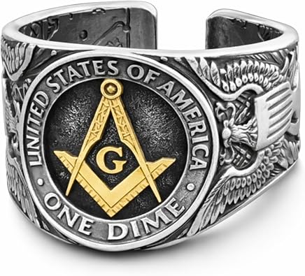 Freemason Signet Ring Handcrafted Adjustable 1964 JFK Half Dollar & 1952 Roosevelt Dime, Double-Sided Freemasonry Symbol, Unique Silver Coin Jewelry for Men & Women