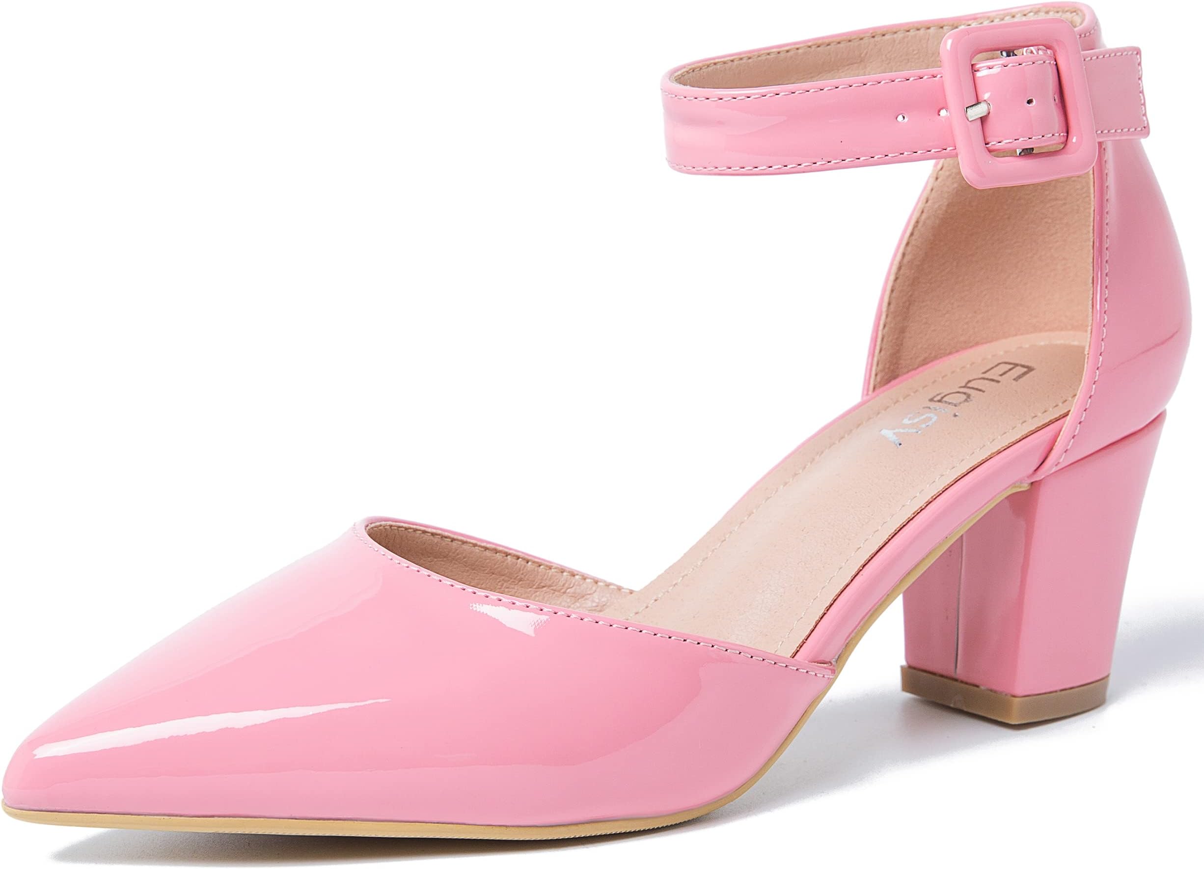 Women's Pointed Toe Pumps Low Block Chunky Heels Closed Toe Ankle Strap Buckle D'Orsay Dress Wedding Bridal Business Shoes