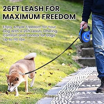 Best Dog Supplies Retractable Thick Dog Leash for S, M, Large Dogs with Bag Dispenser and Flashlight, 26ft/8M for Dogs up to 110lbs Pet Leash One Button Break Retractable Color - Blue