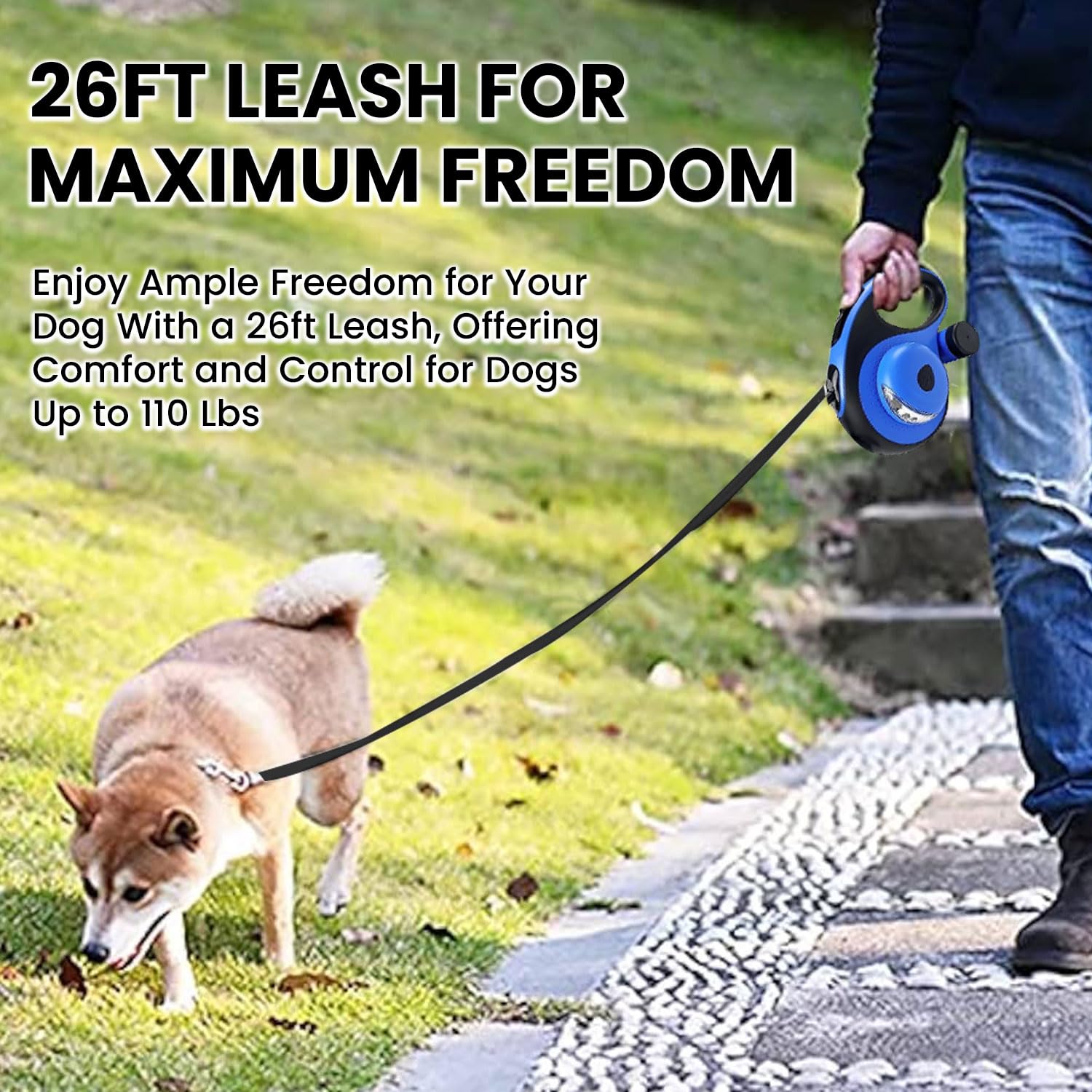 Laisse rétractable pour chien avec distributeur de sacs à déchets et lampe de poche, laisse pour chiens de petite, moyenne et grande taille jusqu'à 50 kg, bouton de verrouillage et de verrouillage