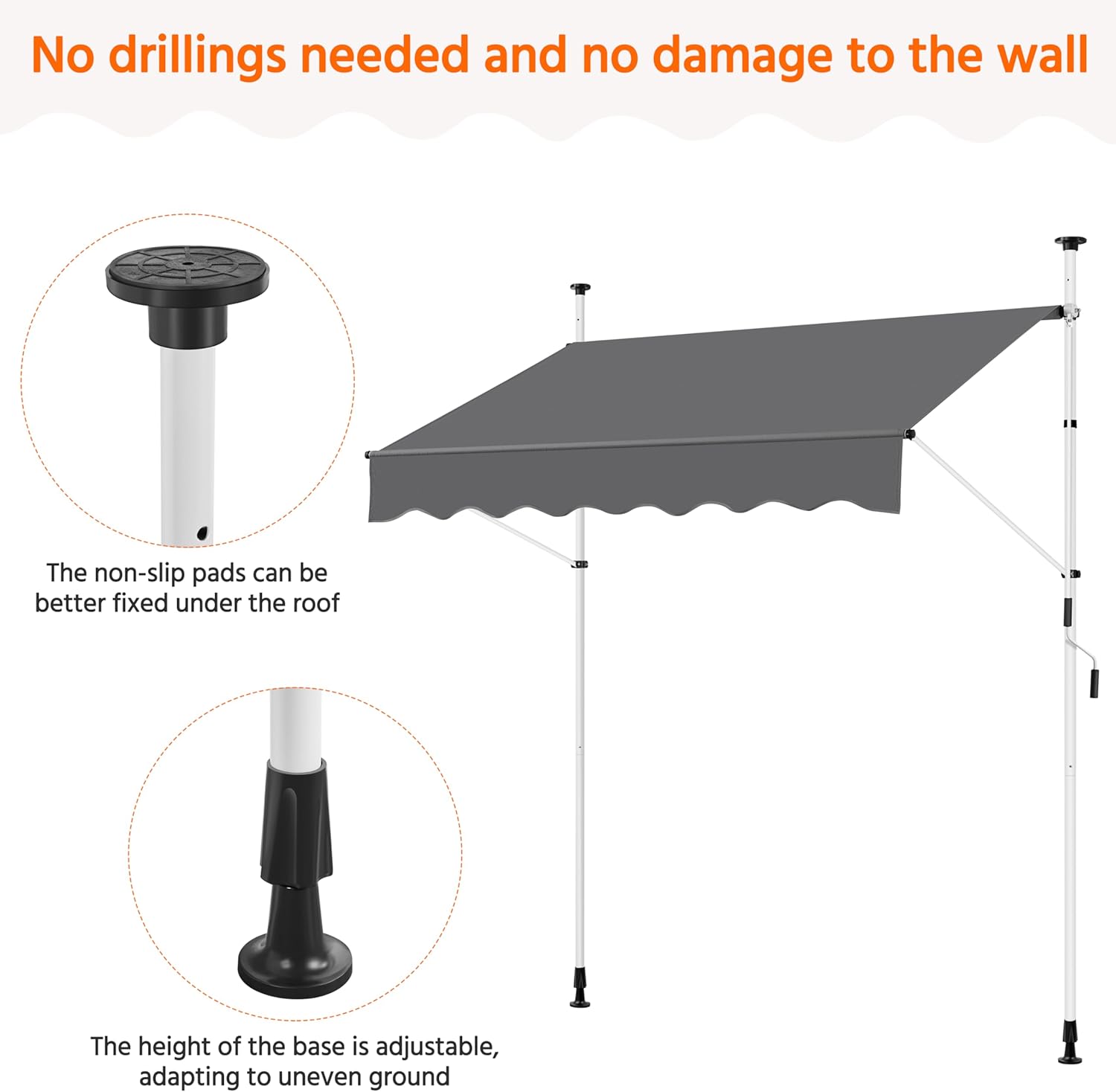 Awning poles with non-slip pads and adjustable base