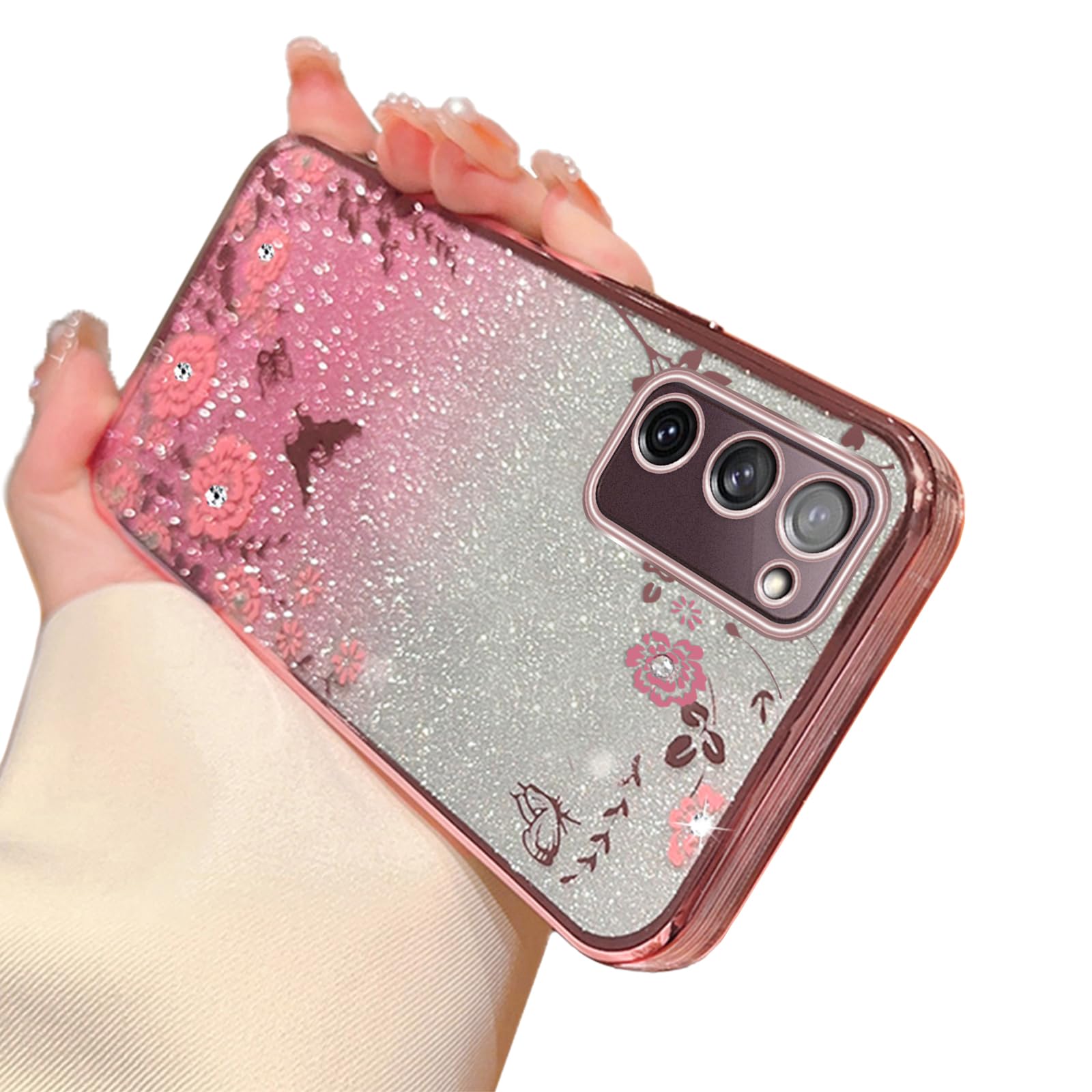 for Samsung Galaxy S20 FE Case,S20 FE Case for Women Gradual Change Glitter Crystal Soft TPU Stylish Butterfly Floral Heart Clear Protective Cover with Strap for Samsung S20 FE (Rose Gold)