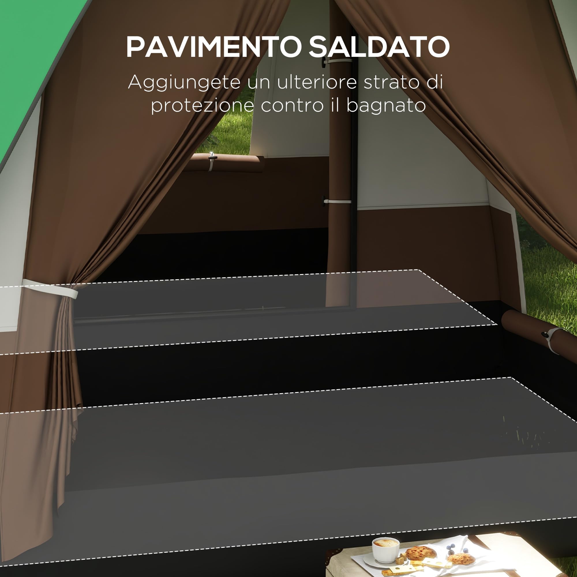 Outsunny Tenda da Campeggio 4 Posti Impermeabile con Finestre a Rete, Tenda a Tunnel in Poliestere, 490x305x225 cm, Verde