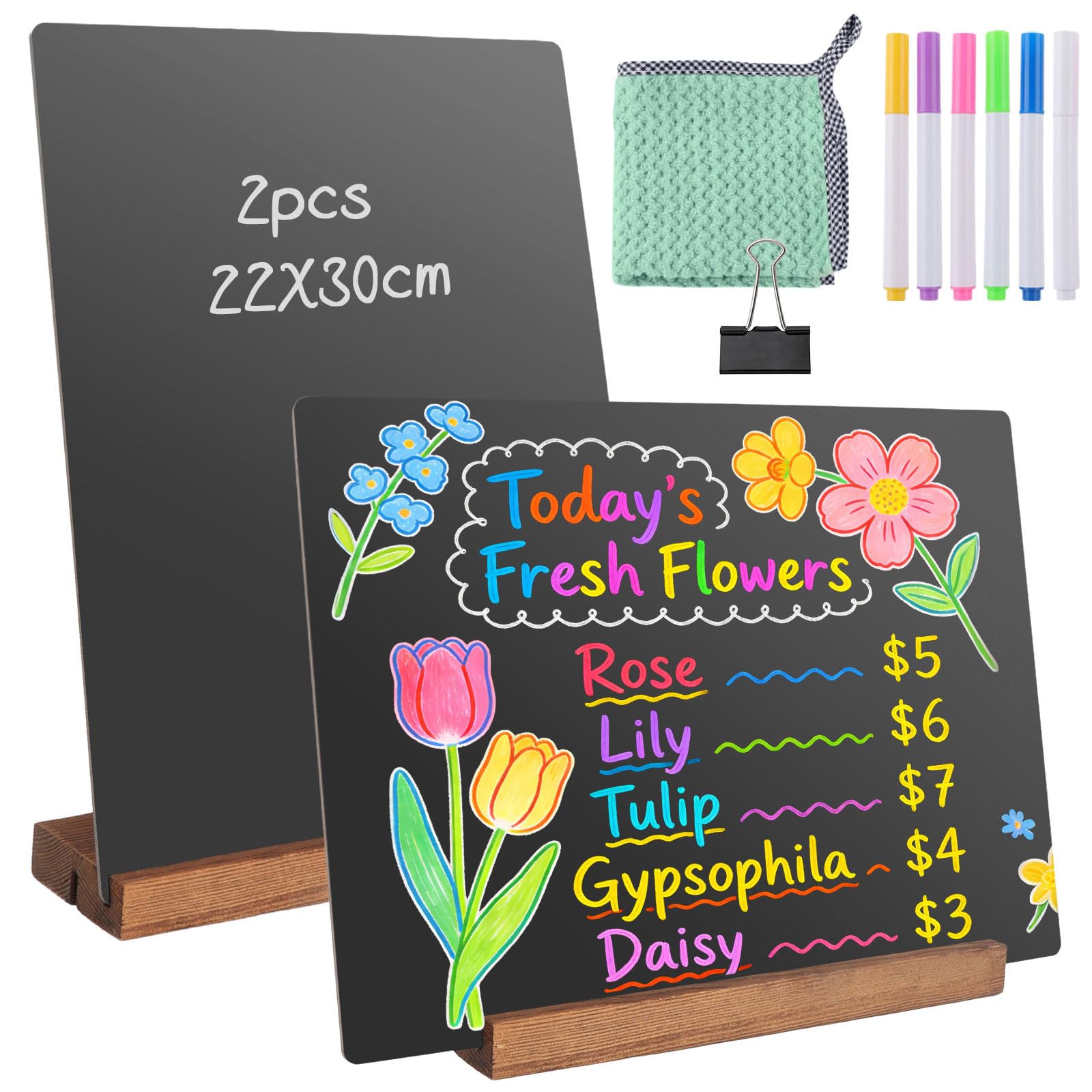 SneiDr 2 Wooden Chalk Boards 22x30 cm Tabletop Blackboard with Stable Stands 6 Chalk Board Pens 1 Cloth 1 Clip Double Sided Menu Board for Restaurant Bar Cafe Wedding Street Stall Kitchen Party Buffet