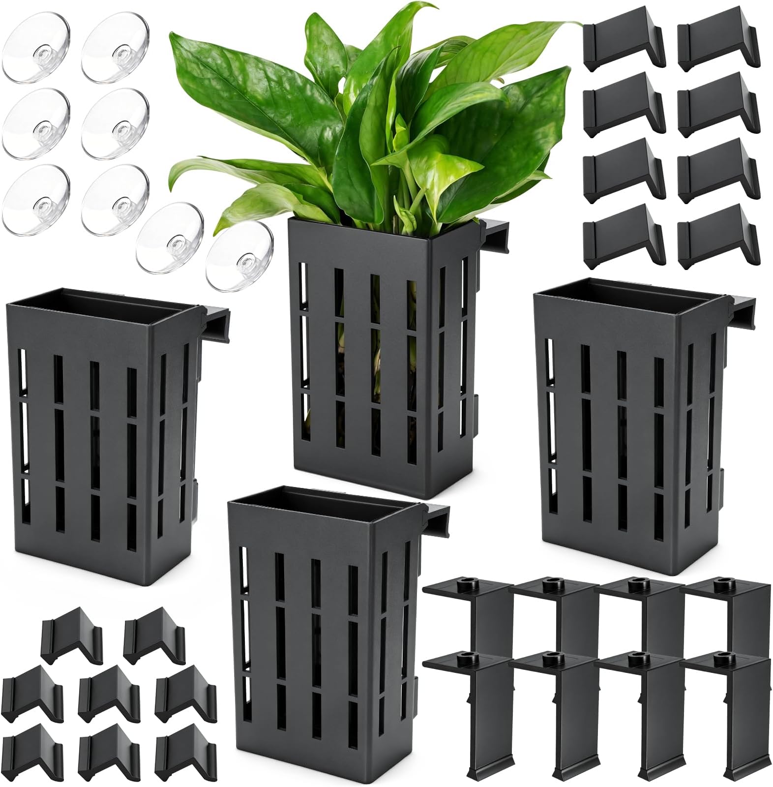 Borlech Upgraded Large Aquarium Plant Holder with Hooks and Suction Cups for Fish Tank Aquaponic Plant Cultivation and Aquascape Decorations (Black)