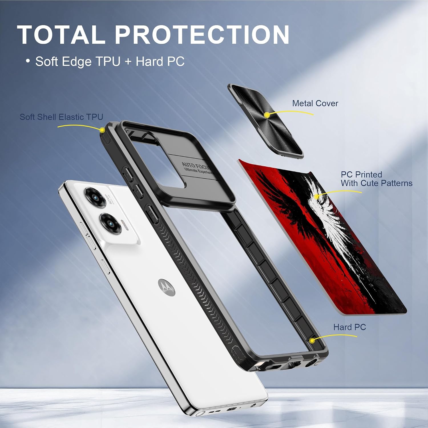 for Motorola Moto G Stylus 5G 2024 Case with Black White Wings, Metal Slide Camera Cover, Screen Protector, Anti-Peeping Privacy Safeguard, Camera Lens Protector Phone Case for Moto G Stylus 5G 2024