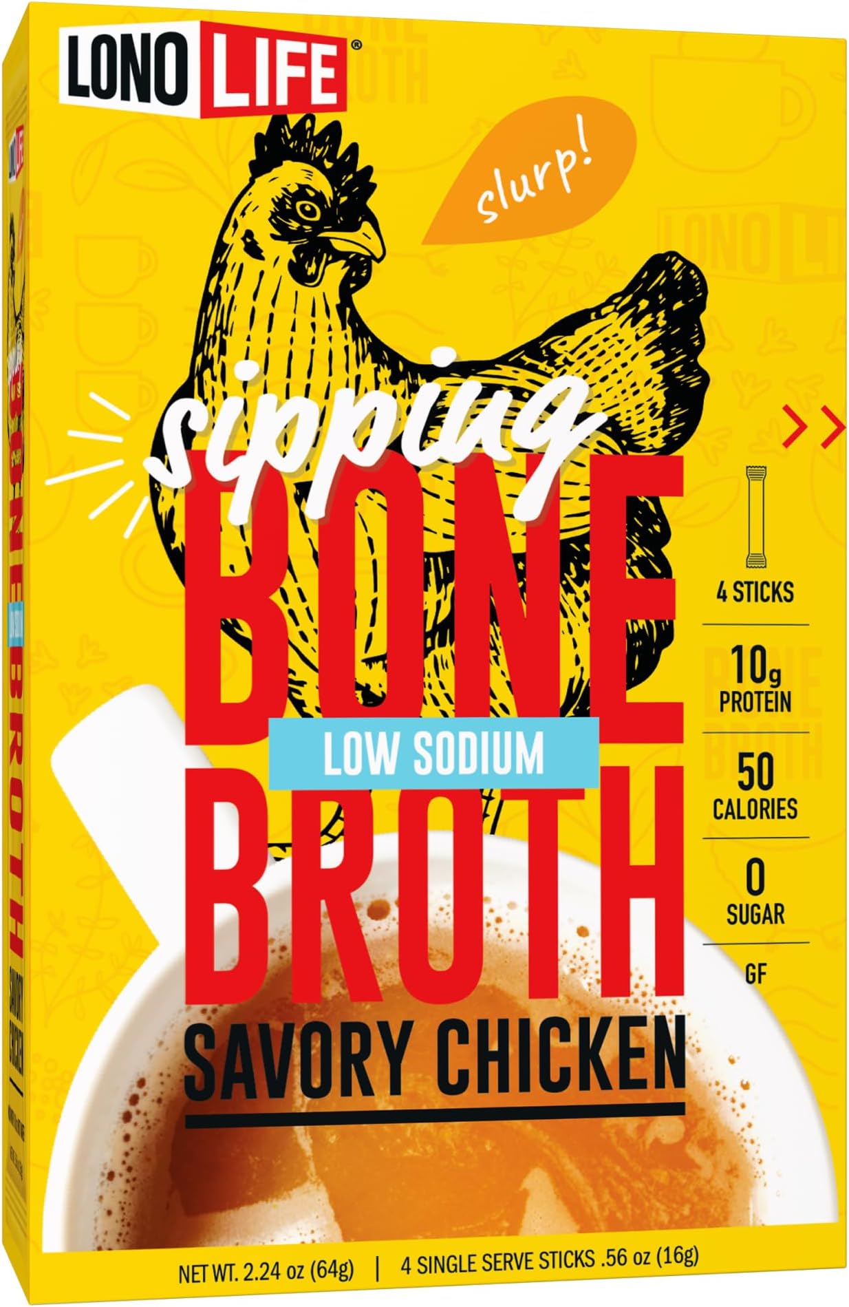 LonoLife Low-Sodium Chicken Bone Broth Sticks: 10g Protein, Keto-Friendly - 4 Portable Servings