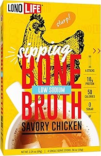 LonoLife Low Sodium Chicken Bone Broth Powder Mix | 10g Protein | Collagen-Rich, Keto & Paleo Friendly | Natural Ingredients | 4 Portable Stick Pack Servings