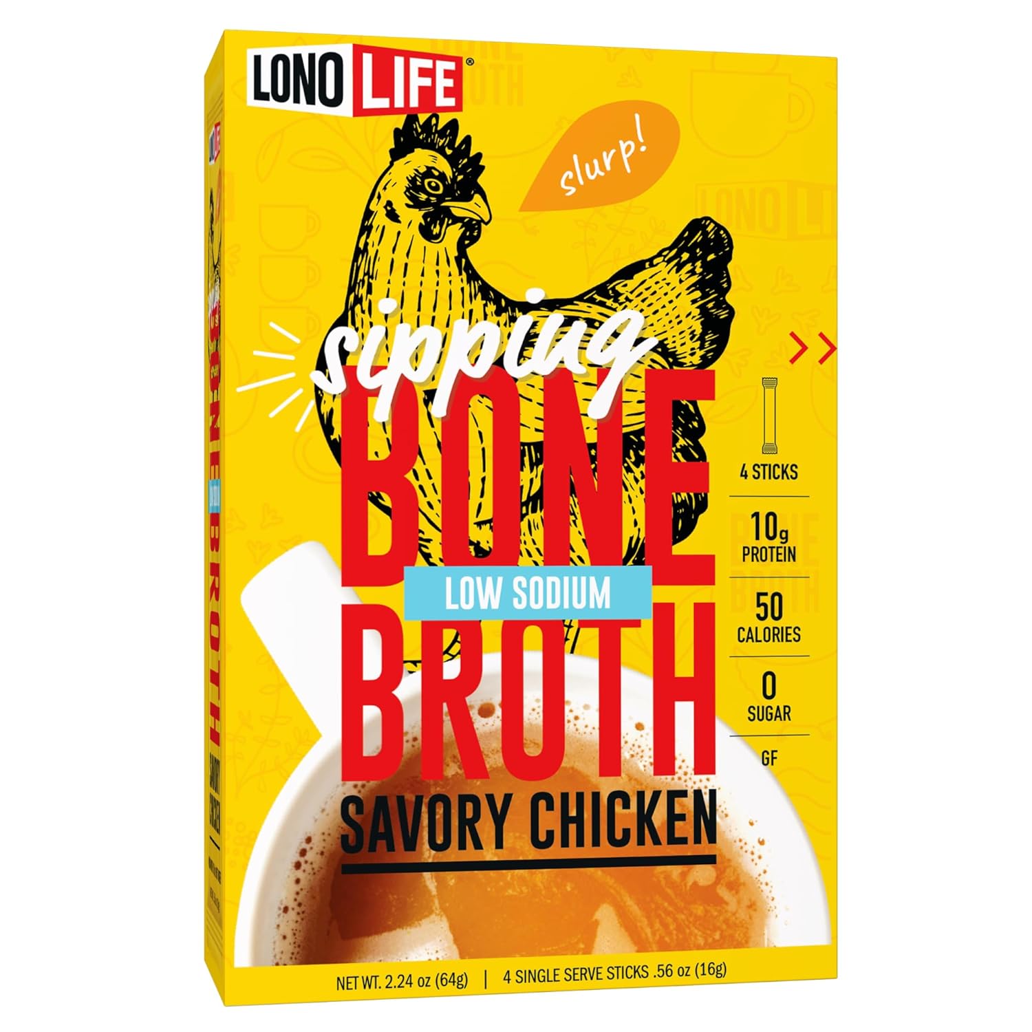 LonoLife Low Sodium Chicken Bone Broth Powder Mix | 10g Protein | Collagen-Rich, Keto & Paleo Friendly | Natural Ingredients | 24 Portable Stick Pack Servings