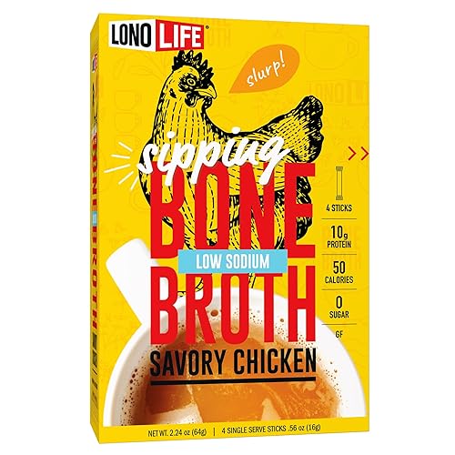 LonoLife - Sobres individuales de caldo de huesos de pollo bajo en sodio: 0.35 onzas de proteína, apto para dieta Keto, 4 porciones individuales