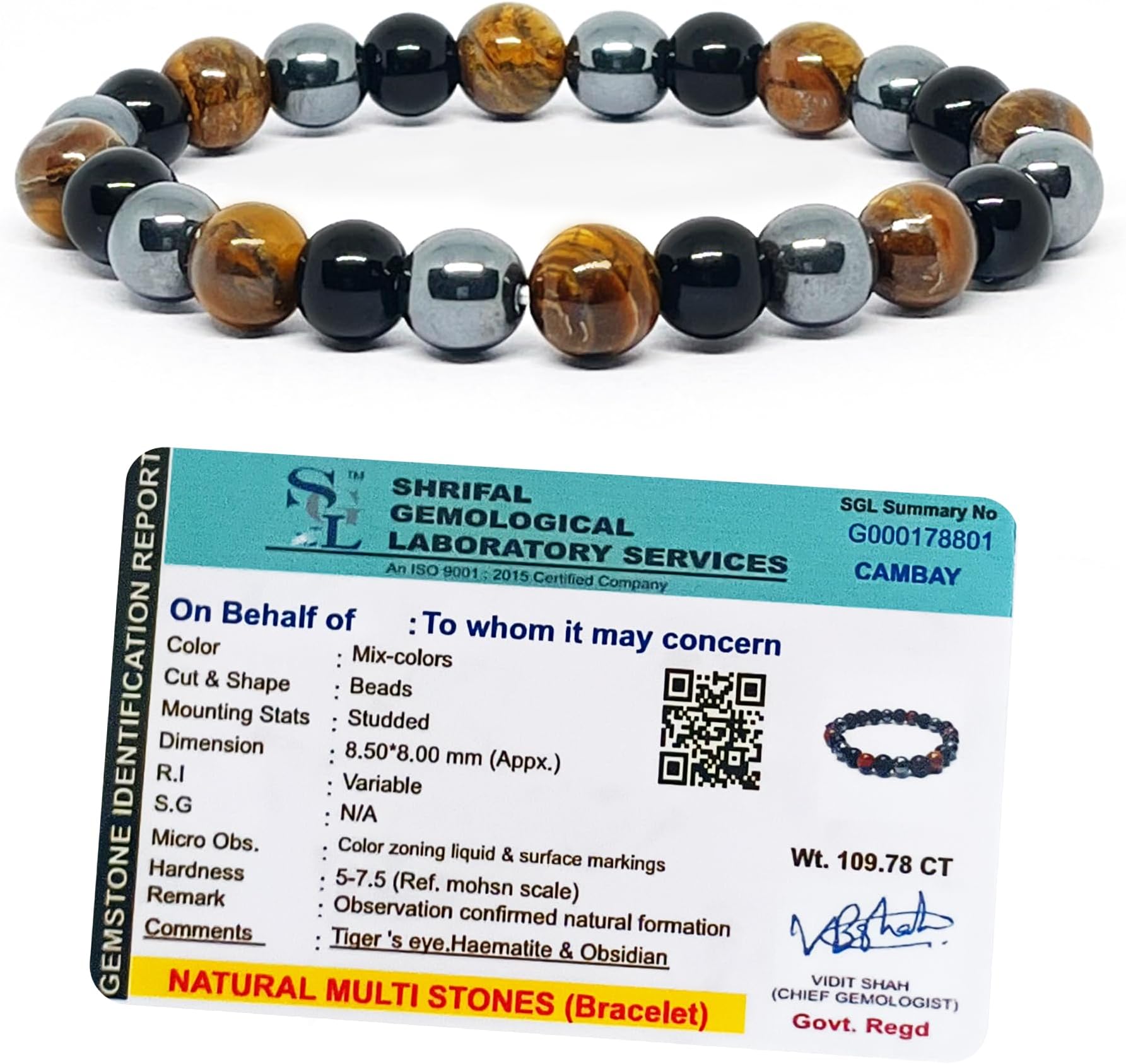 Original Triple Protection Bracelet with Lab Certificate for Men and Women - Natural Energised Tiger Eye Stone, Black Obsidian, Hematite Stone for Power, Protection, Good Luck - 8MM Beads