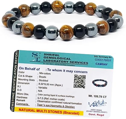 SOLAVA Original Triple Protection Bracelet with Lab Certificate for Men and Women - Natural Energised Tiger Eye Stone, Black Obsidian, Hematite Stone for Power, Protection, Good Luck - 8MM Beads, Free