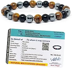 SOLAVA Original Triple Protection Bracelet with Lab Certificate for Men and Women - Natural Energised Tiger Eye Stone, Black Obsidian, Hematite Stone for Power, Protection, Good Luck - 8MM Beads