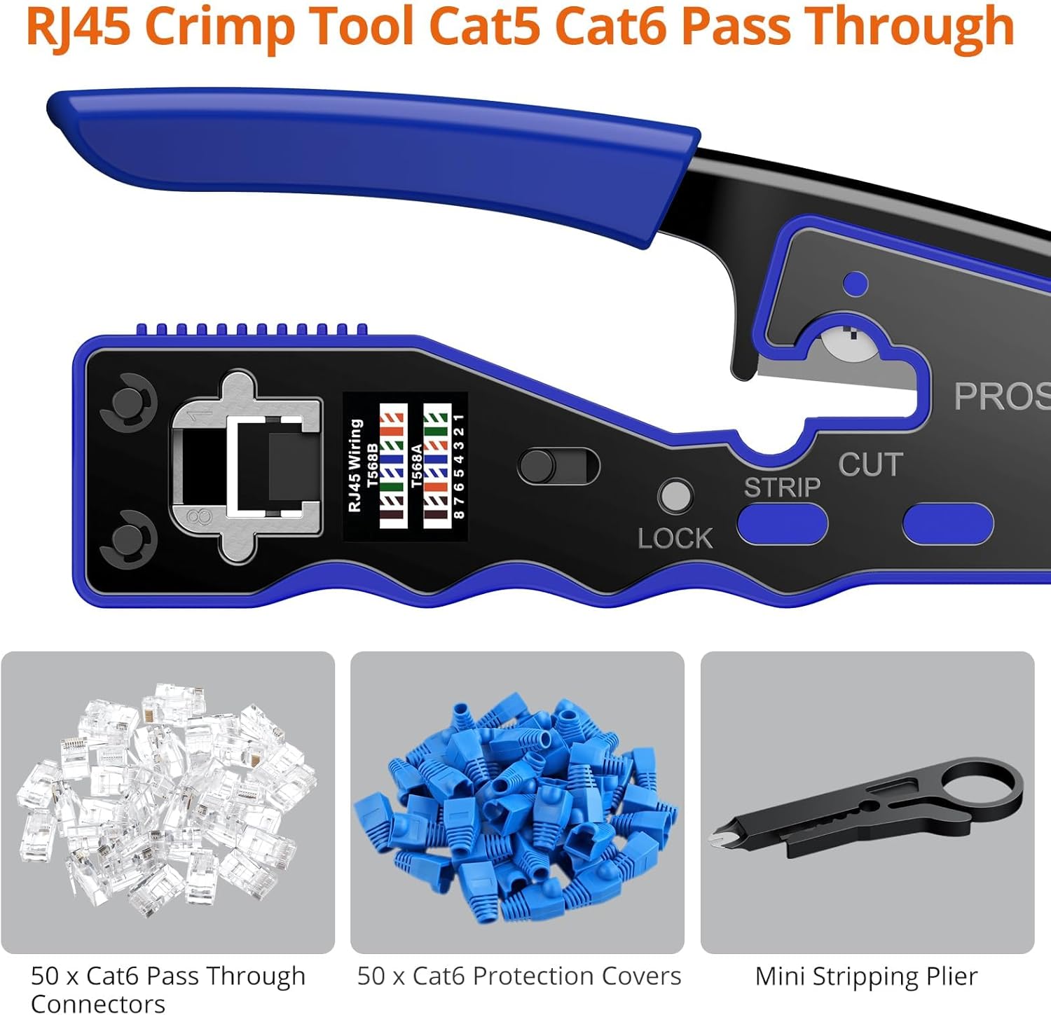 Proster RJ45 Crimper Tool Kit - Stripper Cutter Crimper Tool for RJ45 Cat6 Cat5 Cat5e Pass-Thru Connectors, with 50pcs Cat6 Connectors and Protection Covers, 1pcs Wire Stripper