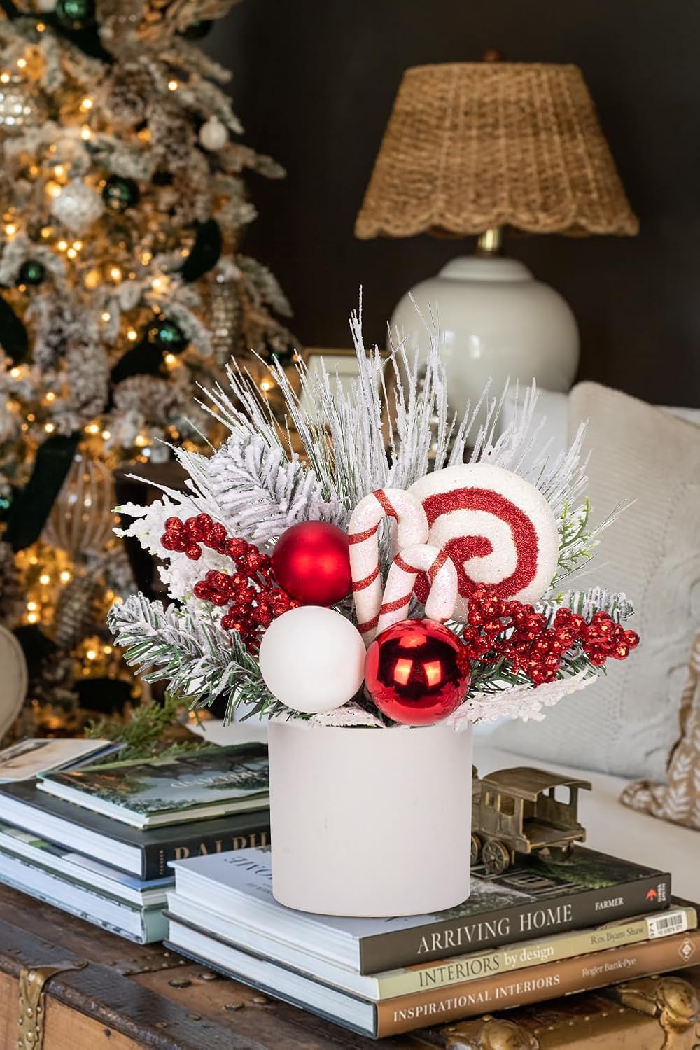 Hollyone Small Christmas Tree Tabletop 12' Fake Potted Plant with Christmas Ornaments Red Berry Decor for Table Home Office Arrangement Indoor