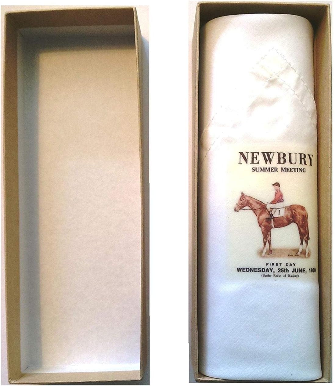 Tamielle - Single Man's White Handkerchief with a Newbury Summer Horse Race Meeting Motif - 40cm x 40cm - Lovely Presentation in a Gift Box and Ethically Produced