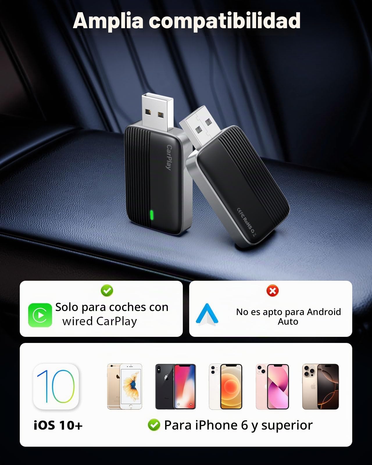 Moko Adaptador CarPlay Inalámbrico Compatible con Apple iPhone | Mini Adaptador CarPlay Inalámbrico Para iOS 10+ Y Vehículos Con CarPlay, Conexión Rápida, Control Estable, Sin Retraso