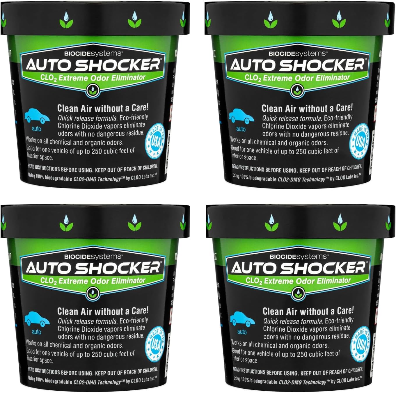 Biocide Systems Auto Shocker Strong Quick Release Car Odor Eliminator, Eco-Friendly Smell Remover for Tough Odors in Vehicle Interiors, Up to 250 Cubic Feet (4-Pack)