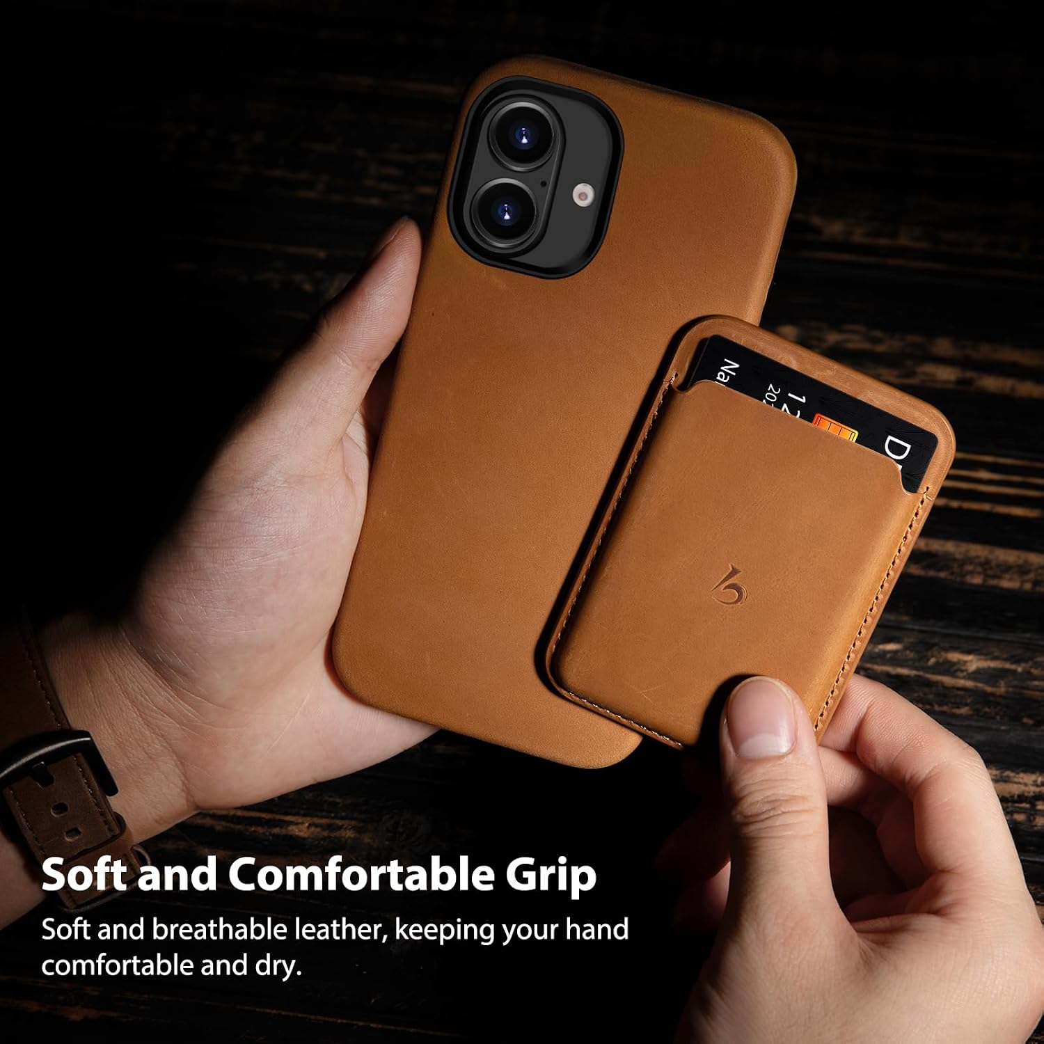 Belemay Handcrafted Crazy Horse Leather Case for iPhone 16, Compatible with MagSafe, Vintage Aesthetic, Two-Tone Effect, Unique Patina, Camera Control Button, Metal Buttons (6.1"), Sunset Tan