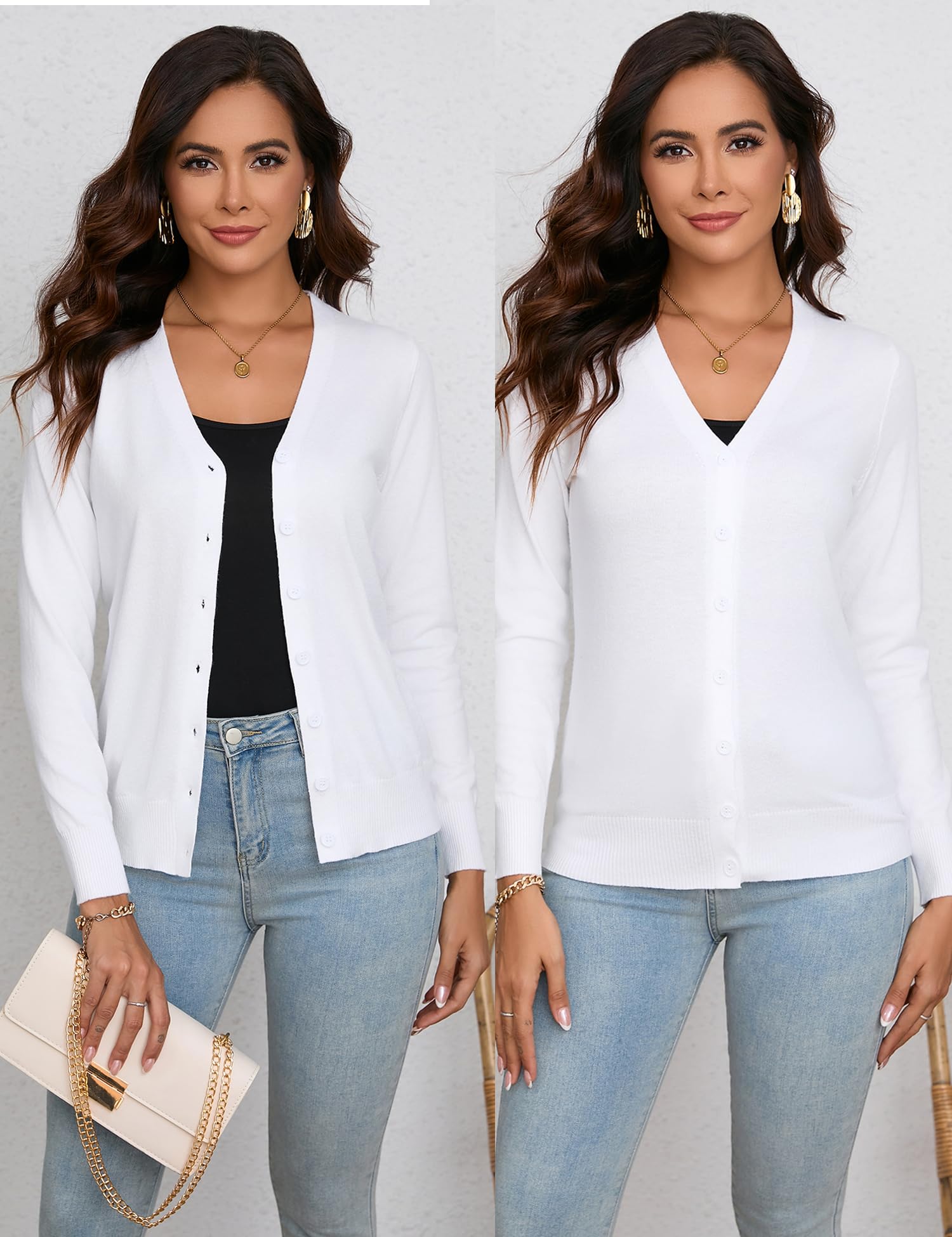 Damen Strickjacke Langarm V Ausschnitt Lang Cardigan mit Knöpfen Weiche Leichte Feinstrick Jacke für Herbst