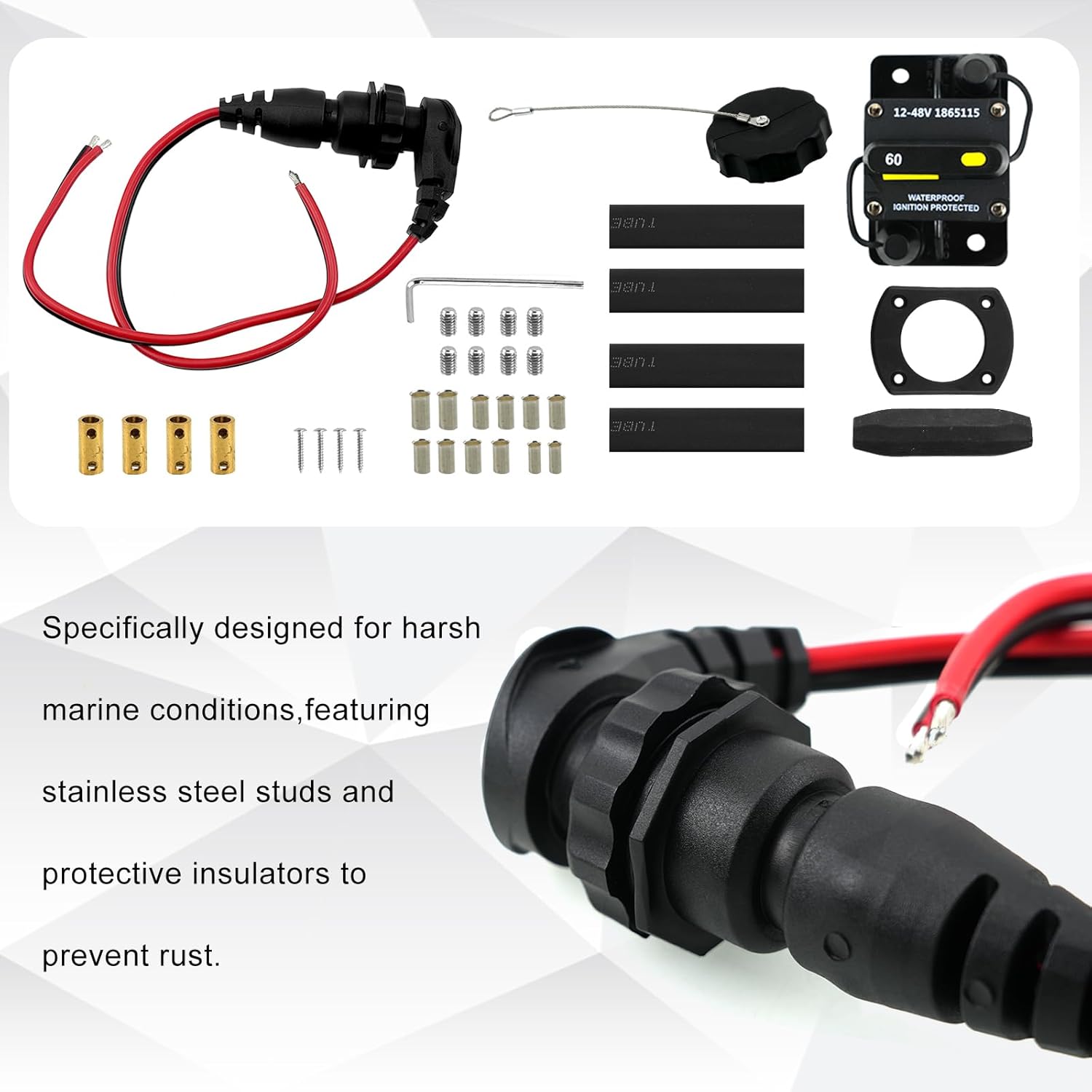 1865120 MKR-28 Trolling Motor Plug and Receptacle & 1865115 MKR-27 Circuit Breaker 60 AMP, Fits for Minn Kota,Fits 12V, 24V, 36V, 48V Trolling Motors, with Stainless Steel Studs