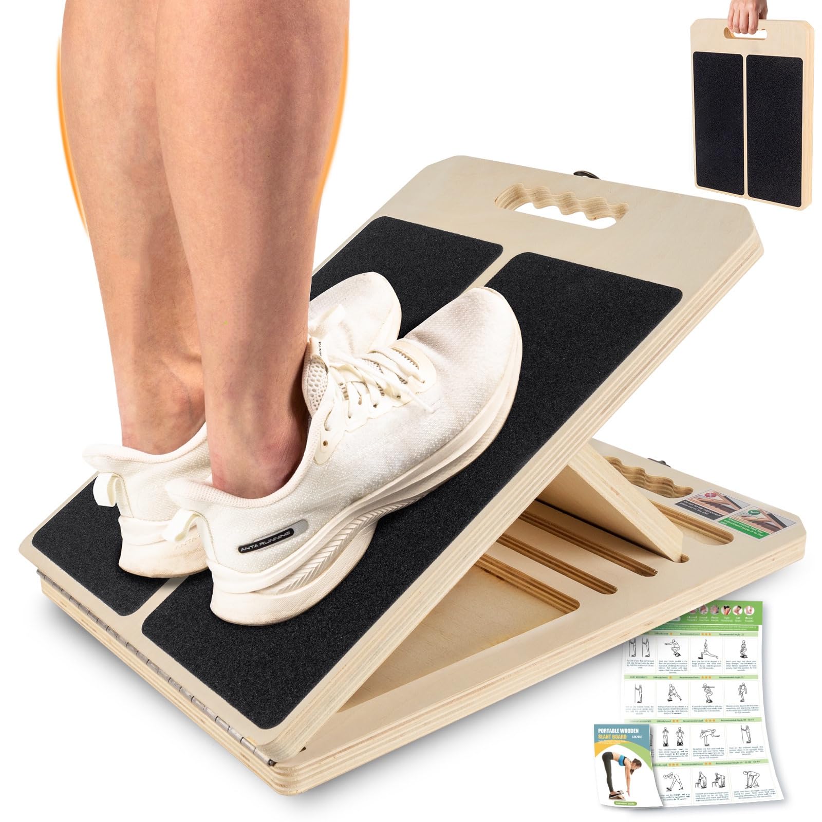 Wadendehner Schrägbrett aus Holz, Slant Board mit 5 Winkeln und Trainingsposter, Verstellbar Wadenstrecker mit Tragegriff, Mobility Board für Wadenstreckung