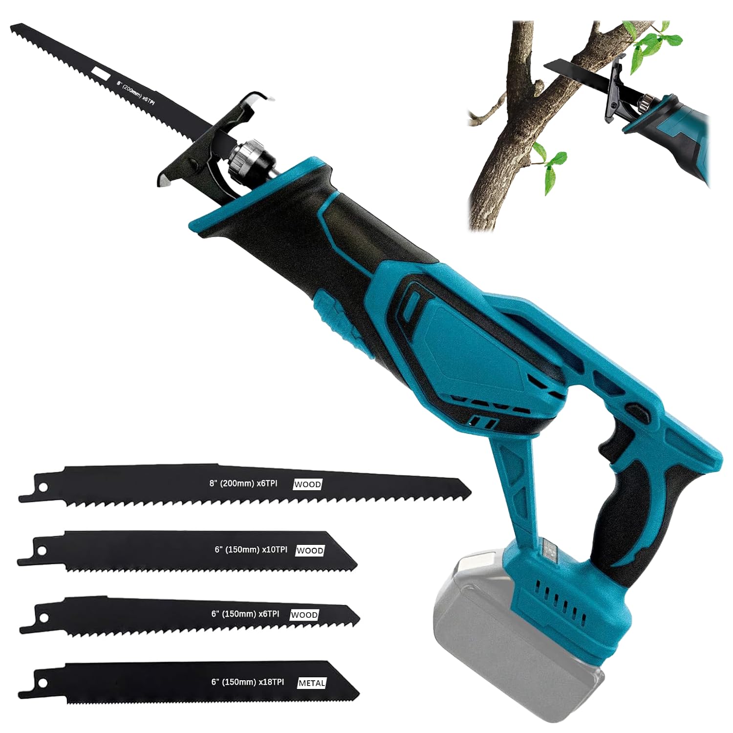 Scie sabre sans fil pour batterie Makita 18 V (sans batterie), scie alternative avec 4 lames, moteur sans balais 3500 SPM, scies sabres idéales pour les travaux de sciage du bois et de l'acier
