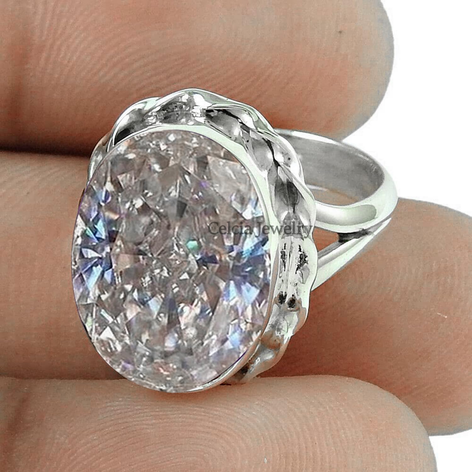 Ovaler Ring aus echtem Edelstein mit weißem Kubikzirkon, massiver 925er Sterlingsilber-Damenring, Statement-Ring, einzigartiger April-Geburtsstein-Geschenkring für sie (Zirkonia, Größe 8,75)