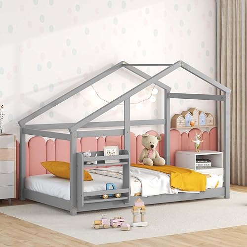 Miniatura 6 de Cama Montessori de casa individual para niños, cama individual en forma de casa, marco de cama individual de madera con techo y estante para niños