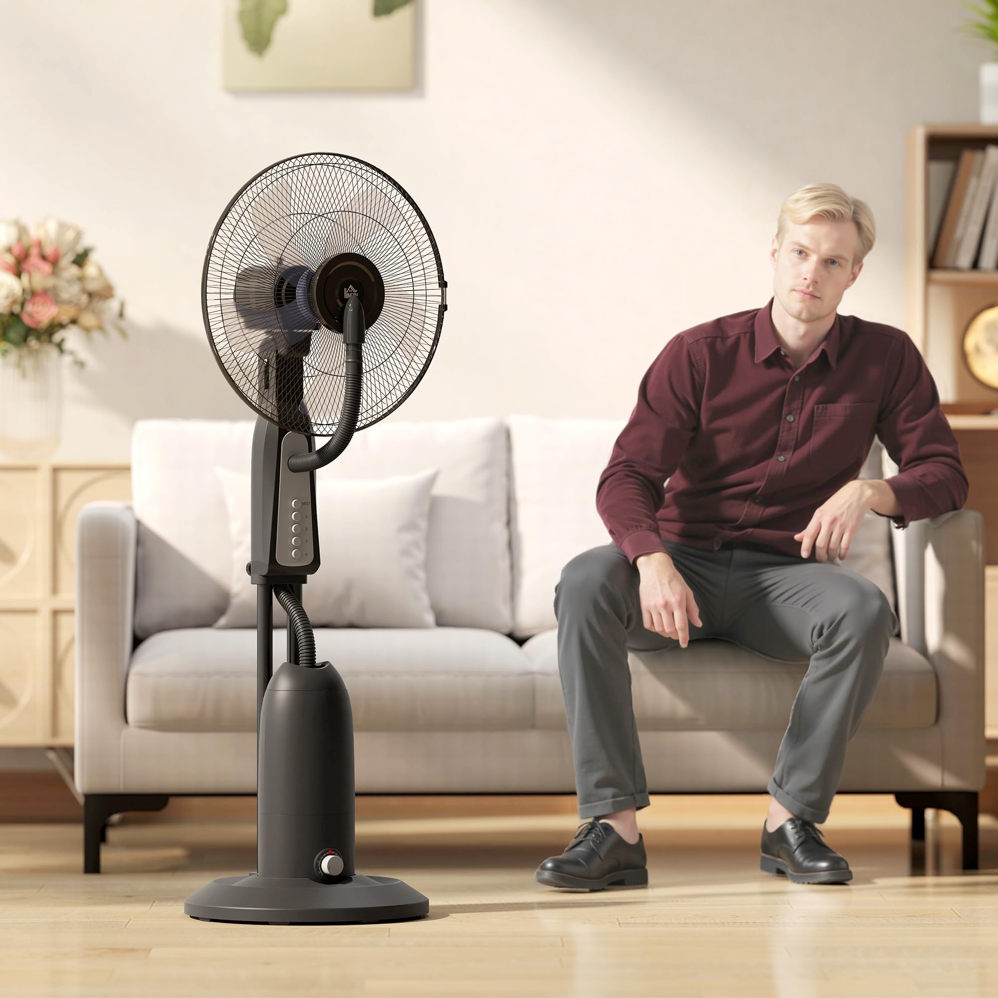 HOMCOM Ventilatore Nebulizzatore con Serbatoio da 3L 50 cm 125 cm Nero | 3 Velocità, Oscillazione 75°, Ventilatore a Piantana, Nebulizzazione Regolabile, Ruote, 90W