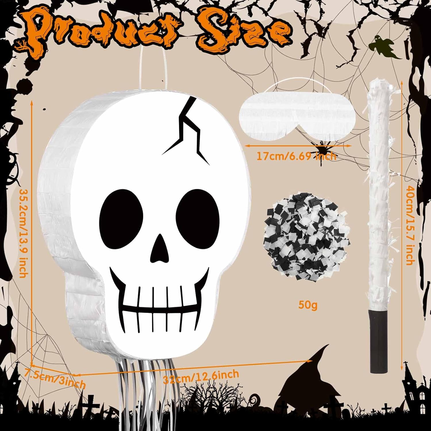 Aoriher Ghost Piñata Pink Halloween Piñata White Pink Ghost Party Piñata with Bat Stick Blindfold Mask Confetti for Halloween Holiday Theme Festival Birthday Party Supplies Decoration(Skeleton)