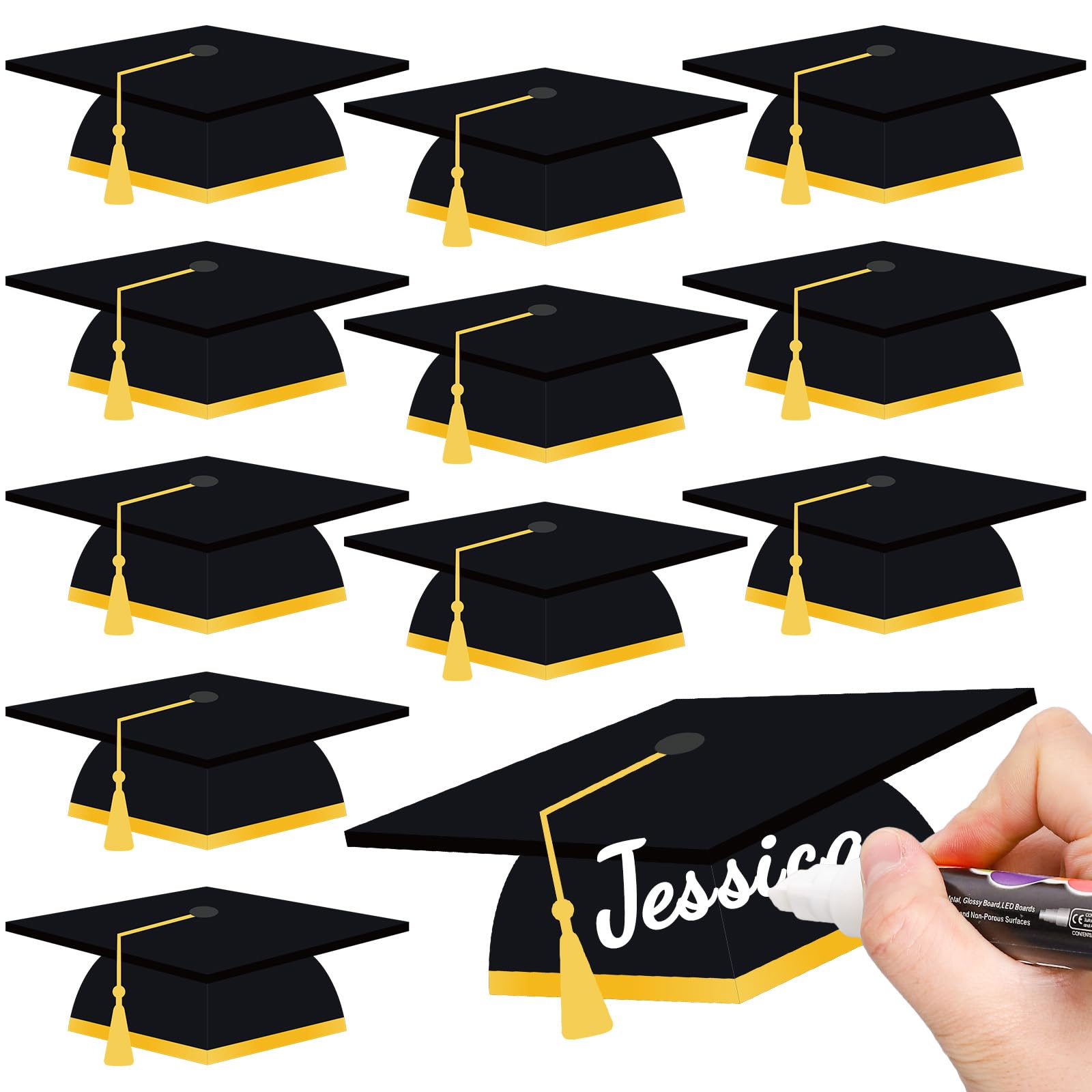 Whaline 50 Pcs Graduation Hat Cutouts Black Grad Caps Tassel Paper Cutting Bulletin Board Decoration with 100 Pcs Glue Points for Graduates Party