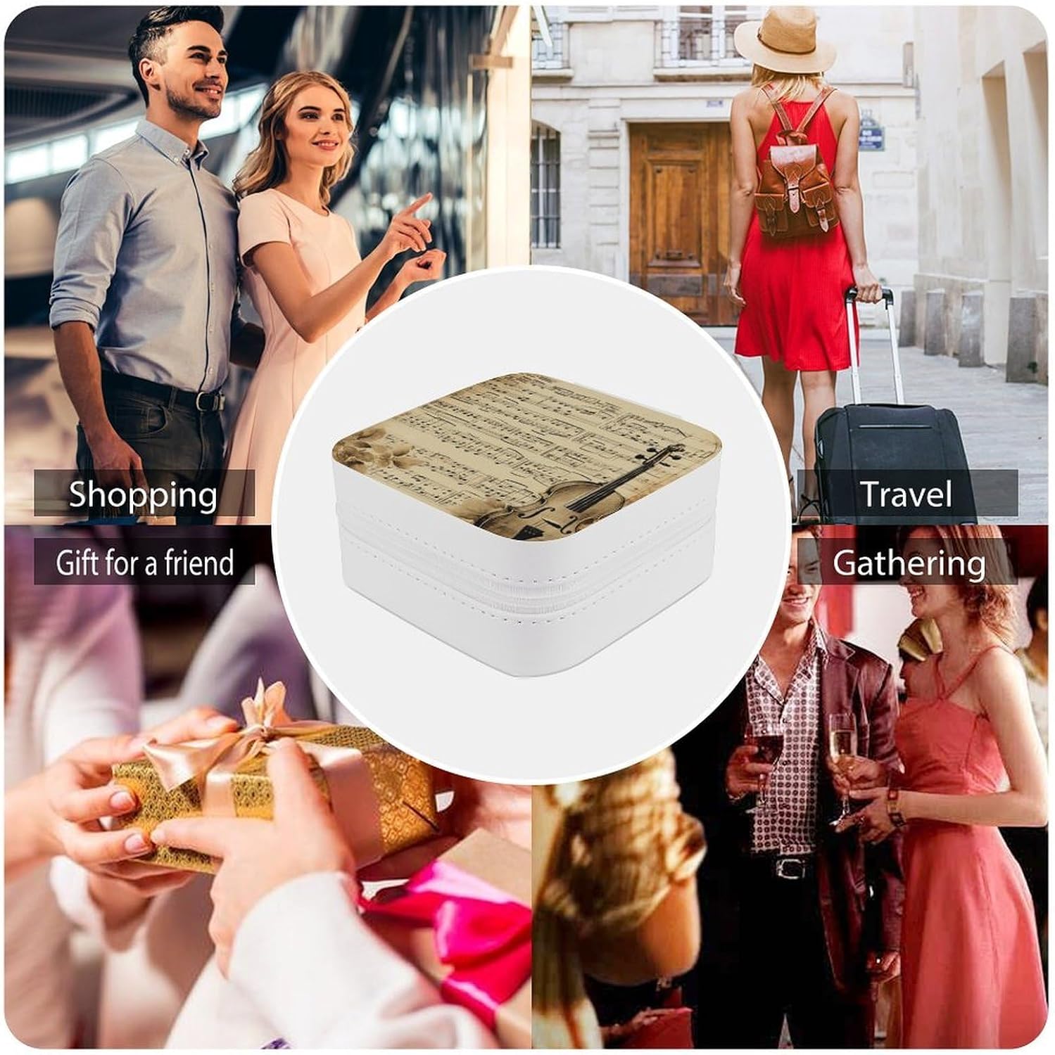 Music Notes on Old Paper Travel Jewelry Case Zipper Portable Small Jewelry Box Custom Pu Leather Mini Traveling Jewelry Organizer for Rings Earrings Necklace Bracelet Girls Women image 5
