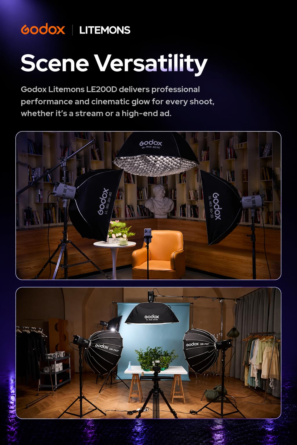 Godox LE200D lampa wideo LED, 200 W, światło ciągłe, oświetlenie do studia fotograficznego, 63500 luksów przy 1 m, światło dzienne 5600 K, All-in-One, sterowanie NFC i aplikacja, Bowens Mount do