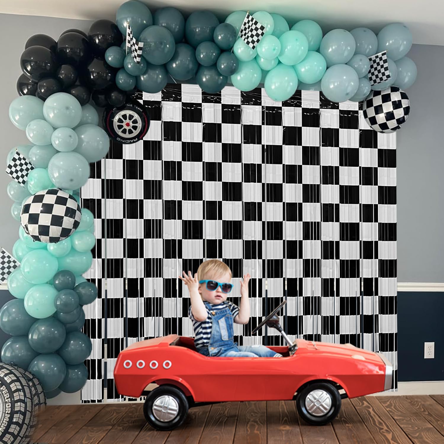 Race Car Birthday Party Streamers Backdrops Decorations, 6 Pcs Checkered Black White Foil Fringe Curtain Photo Booth Props for Racing Cars One Happy Dude Party Decor Supplies