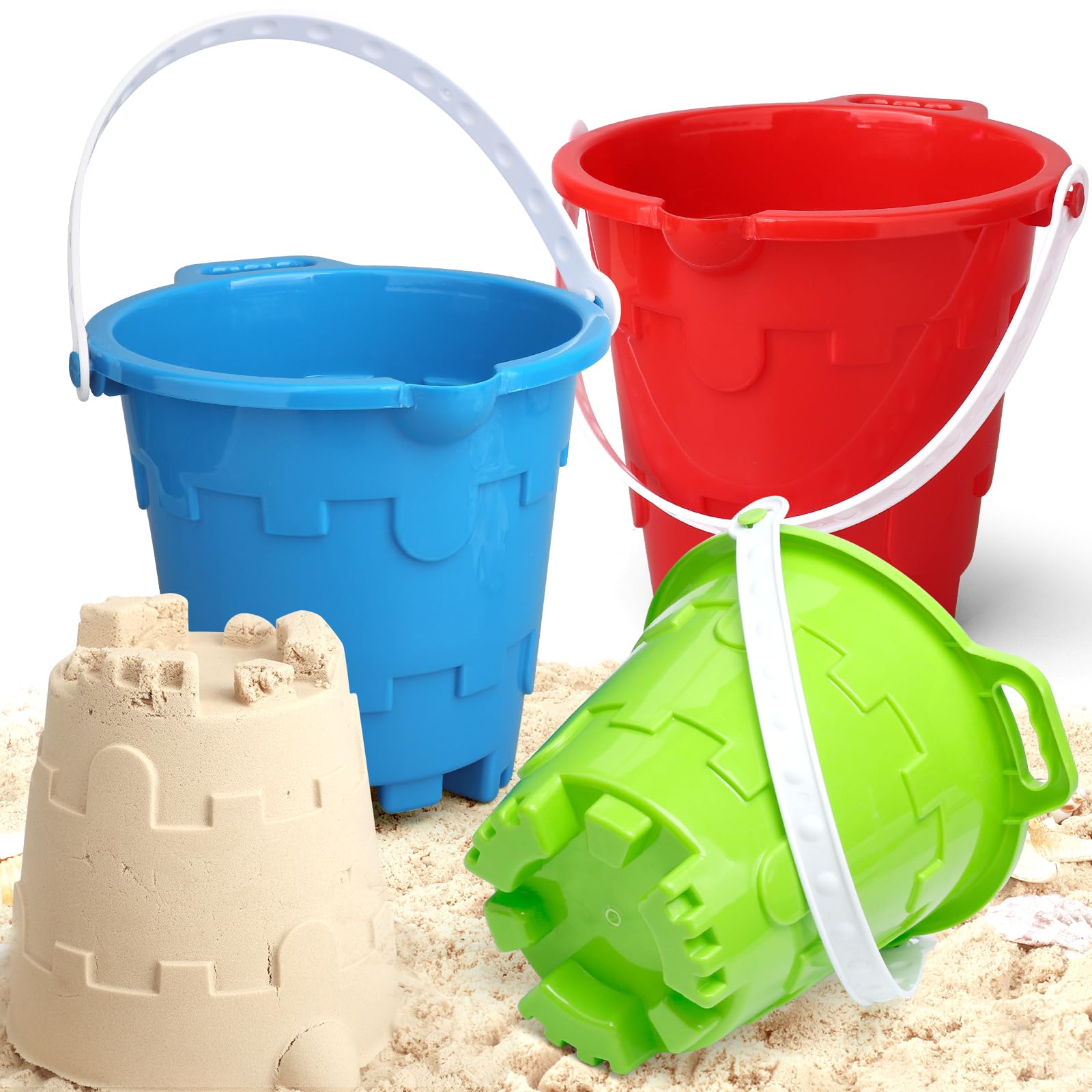 Dilabnda Bucket in Sandcastle Shape for Children, Sandcastle Beach Bucket Toy Set with Mesh Bag, Sand Beach Bucket for Children, Toddlers, Outdoor Play Sandbox, Snow Backyard 3 Colourful