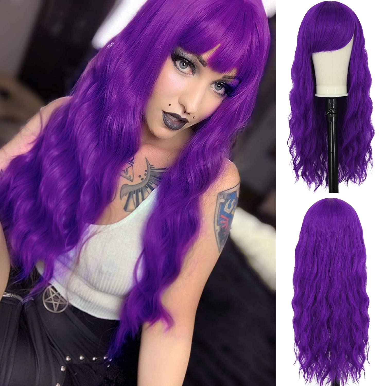 FOVER Long Purple Wigs for Women Curly Wavy Purple Wig with Bangs 26