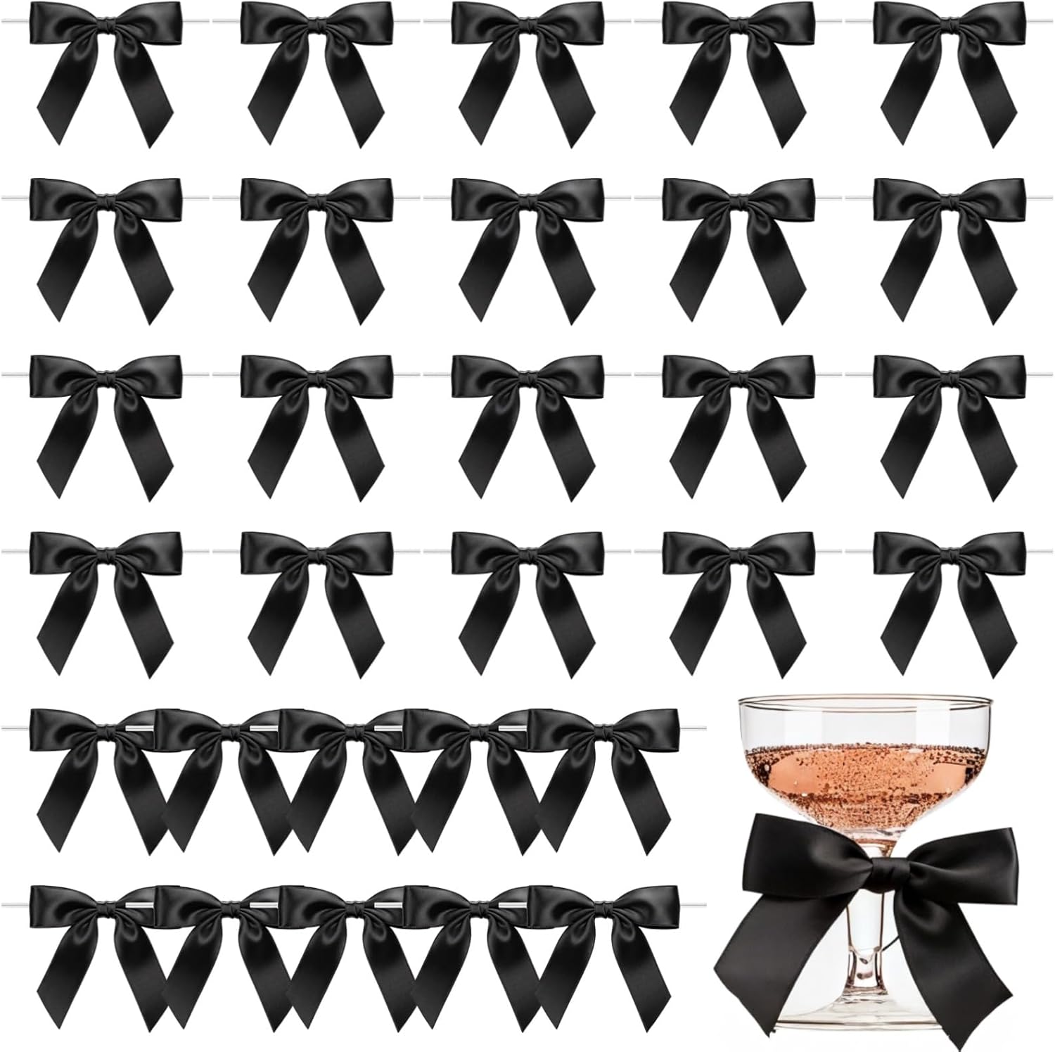 30 Pcs Cocktail Glasses Bows, Polyester Ribbon Bow Ties, Black Pre-Tied Bows for Champagne Glasses, Party, Wedding Decoration