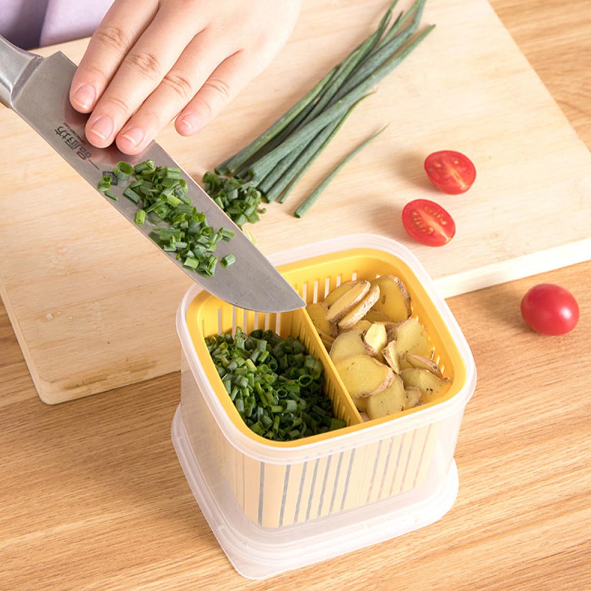 Contenitori per Alimenti Ermetici 4 Pezzi in Pp Coperchio e Design Drenante, Scatole Salvaspazio per Conservare Cipolla Tritata e Spezie in Frigorifero