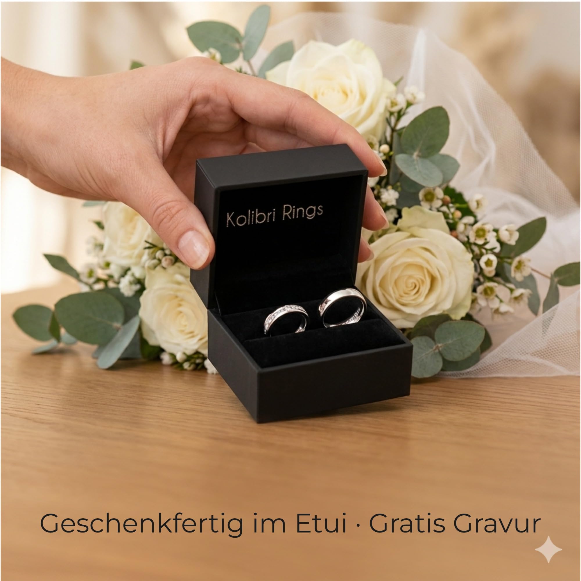 Kolibri Rings 925 Sterling Silber Massiv, Rhodiniert | Freundschaftsringe Paarpreis mit 15 Zirkonia Steine in Kanalfassung | Trauringe Eheringe Partnerringe | Made in Germany | Gratis & Gravur