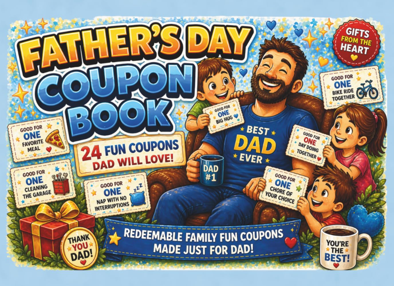 Father's Day Coupon Book: 24 FULL COLOR Coupons a gift from kids filled with love and helpful vouchers