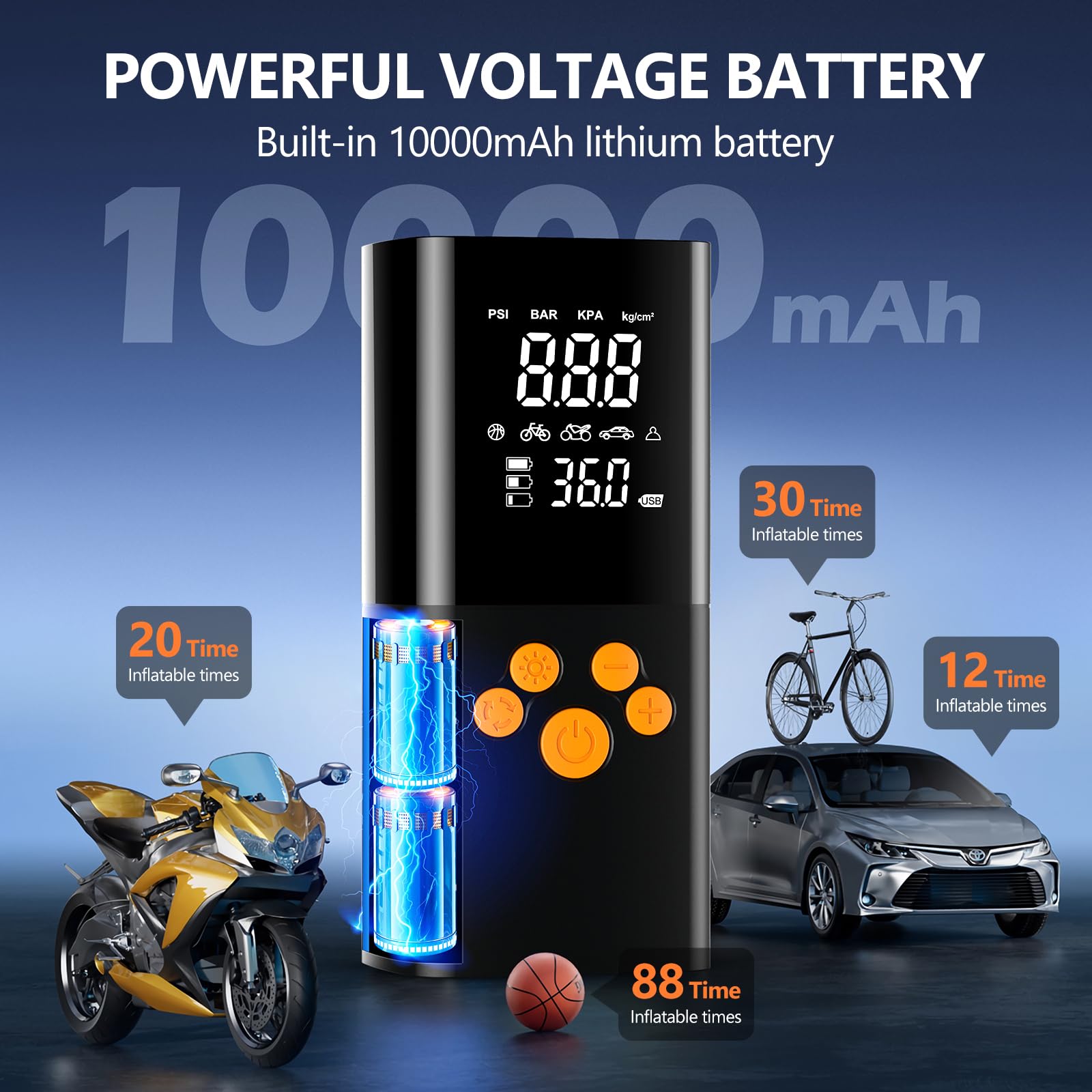 10000Mah Compresor Aire Portatil,160PSI & 2X inflador Ruedas Coche con Doble LCD Digital, inflador electrico luz LED, Manómetro, Apagado Automático para Coche, Moto, Bicicleta, Anillo de Natación