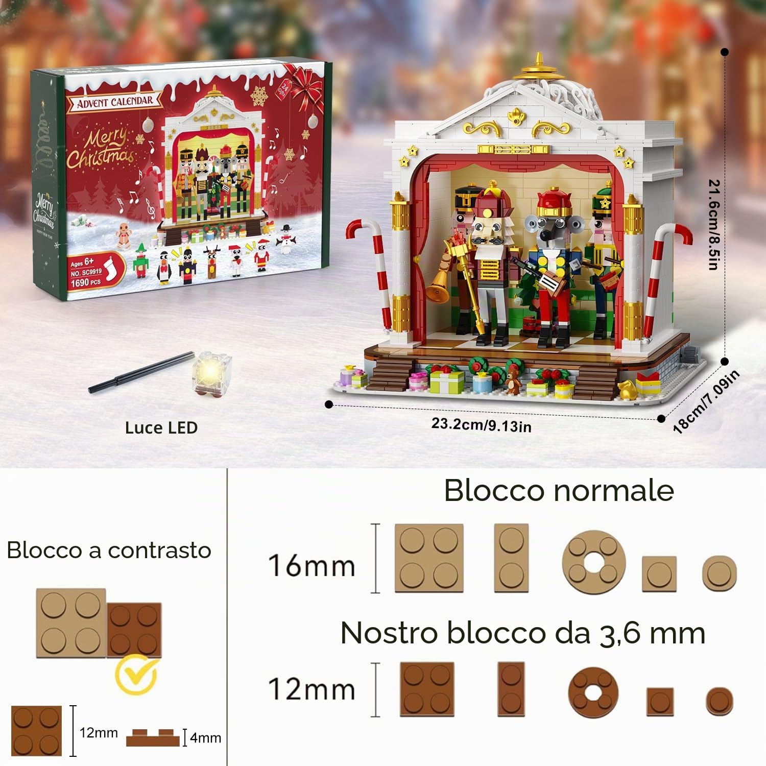 HOGOKIDS Calendario dell’Avvento 2025 Teatro di Natale con Luci, 24 Giorni di Conto alla Rovescia, Blocchi Mini 3,6 cm con 4 Figurine da Natale & 8 Minifigure, Regalo per Adulti Ragazzi Ragazze 10+