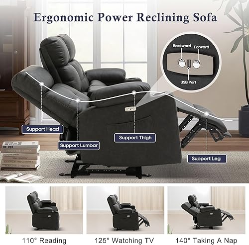 Vista 3 de Sofá reclinable eléctrico con calor y masaje, sofá reclinable eléctrico con reposapiés extendido, sofá reclinable de 3 plazas con puertos USB