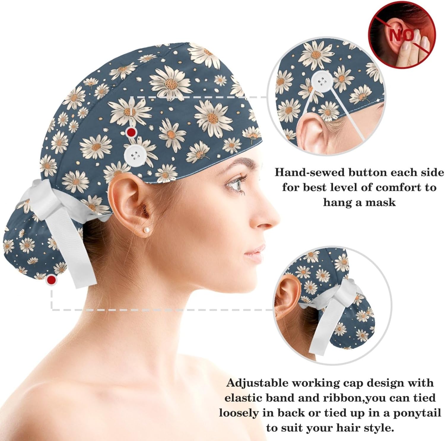 Scrub Caps Women with Button,Adjustable Surgical Caps with Ponytail Pouch,Working Cap with Bow Hair Scrunchy - Image 3