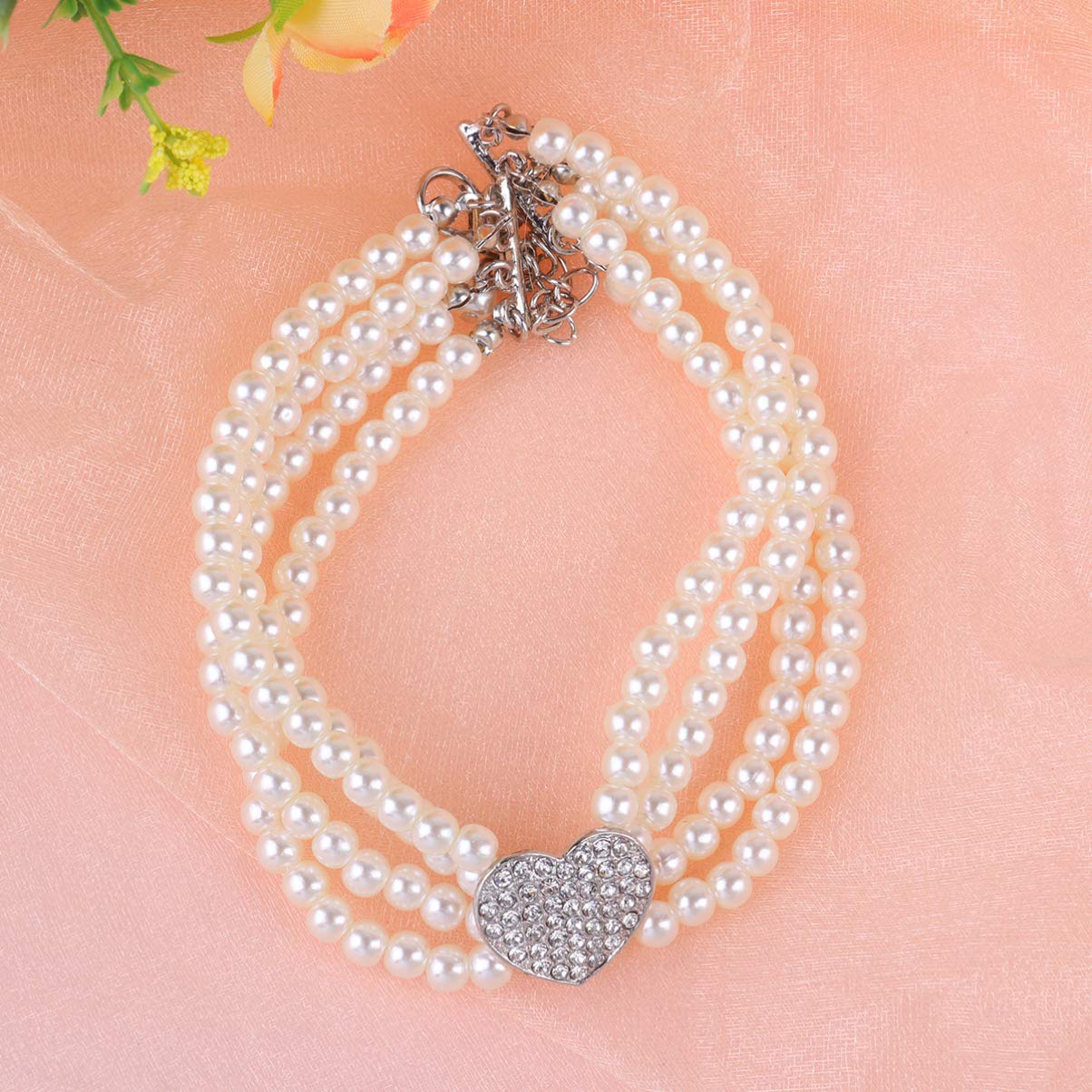 HANABASS Pearl Choker Necklace for Dog Pet Pendant Heart Design White Pearl Necklace Size m