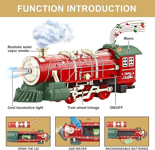Miniatura 2 de Juego de tren de Navidad para alrededor del árbol con sonidos, luces y humo, juguetes de tren eléctrico para niños pequeños con 3 autos y 14 pistas,
