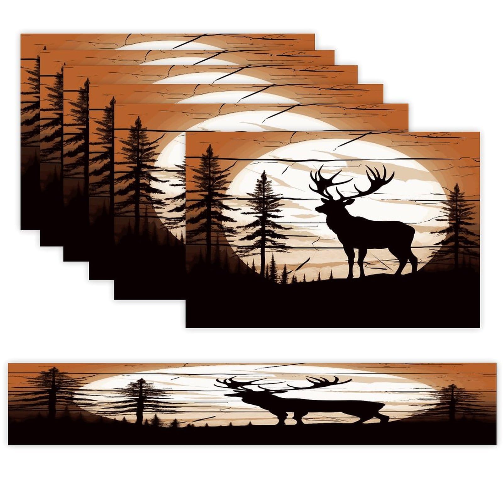 Wild Elk Silhouette Table Runner and Placemats Set of 6 Wipe Clean Heat Resistant Table Mat with Table Runner Decorations Flax Linen Place Mat Set for Home Kitchen Party Supplies